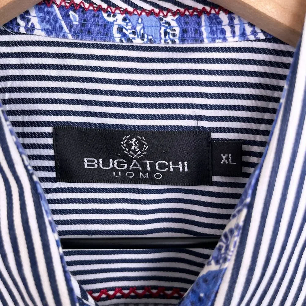 Bugatchi Uomo Floral Embroidered Shirt Blue White Striped Casual Cotton Mens XL